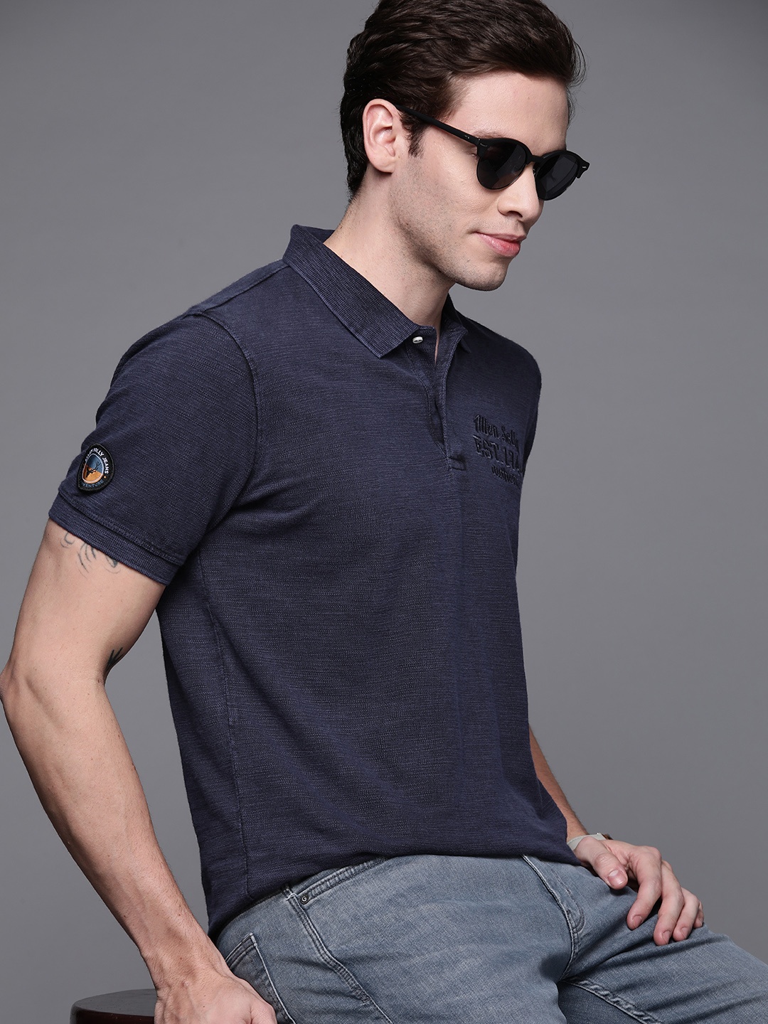 

Allen Solly Sport Men Navy Blue Brand Logo Embroidered Detail Polo Collar Cotton T-shirt