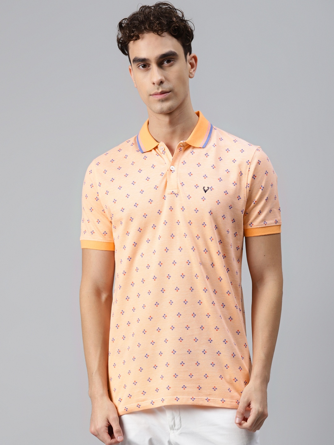 

Allen Solly Men Peach Colored & Blue Pure Cotton Geometric Print Polo Collar T-shirt