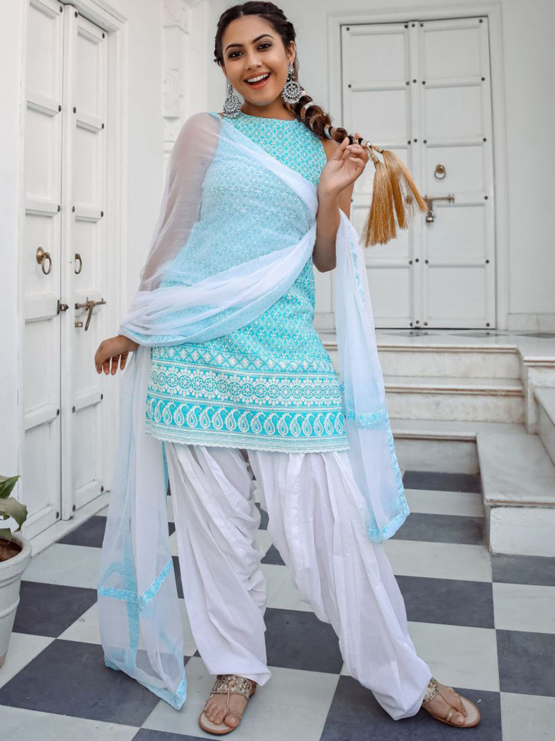 

Lavanya The Label Women Blue & White Embroidered Kurta with Salwar & Dupatta