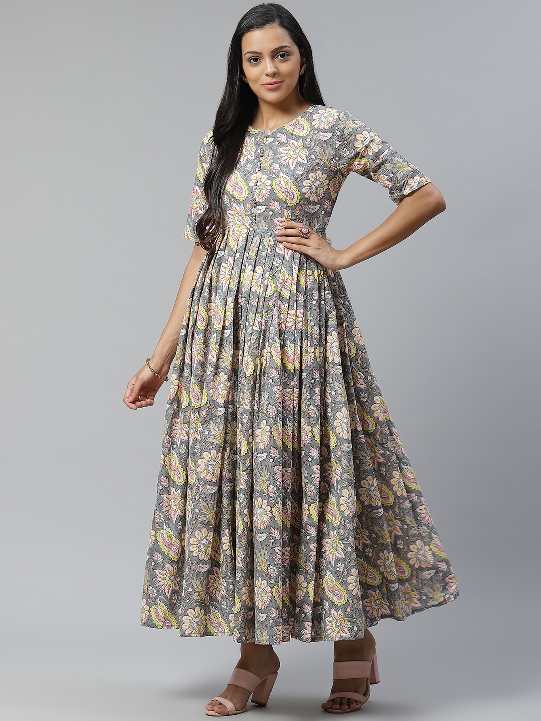 

Lavanya The Label Women Grey & Yellow Ethnic Motifs Printed A-Line Dress