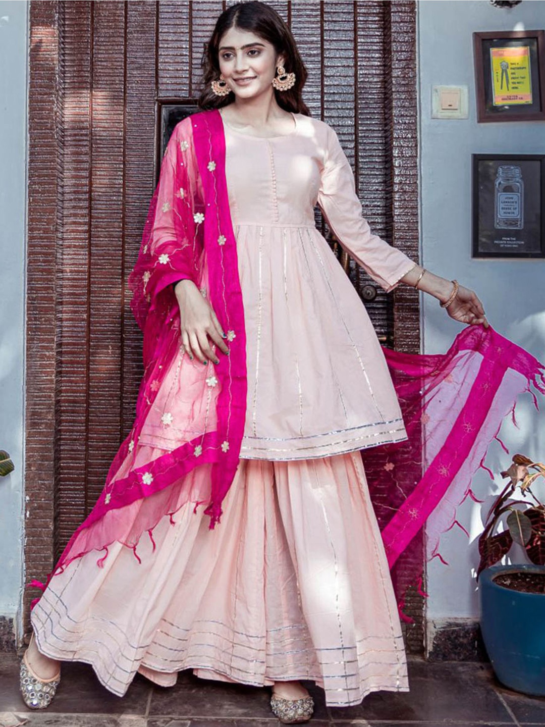 

Lavanya The Label Women Peach-Coloured Gotta Patti Work Kurta with Sharara & Dupatta