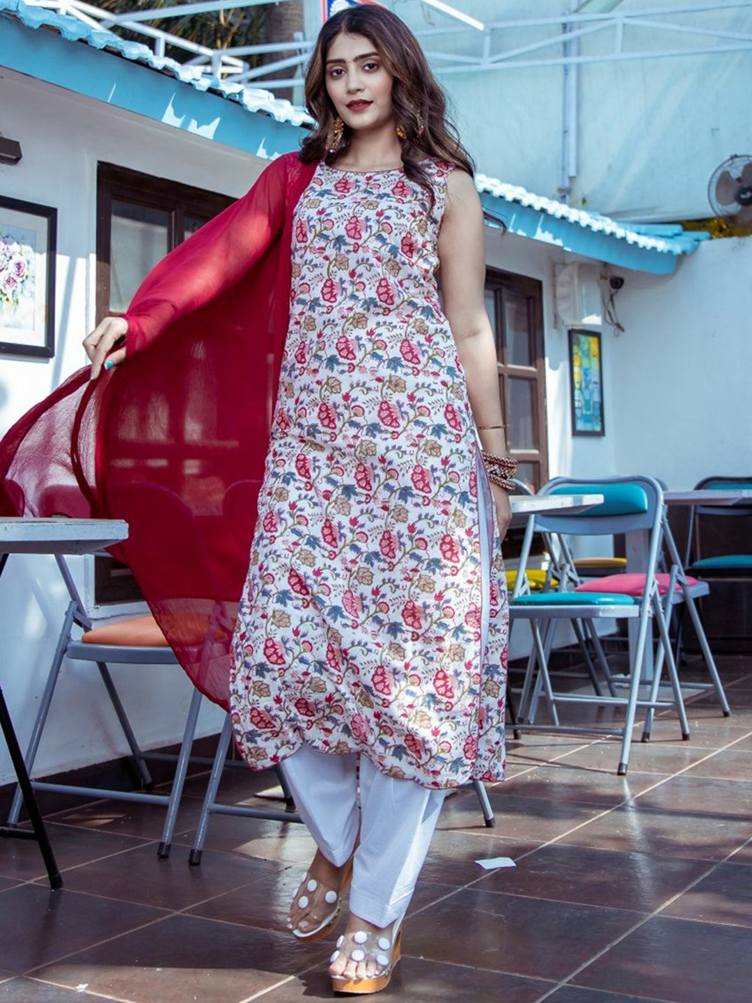 

Lavanya The Label Women White & Maroon Printed Kurta with Salwar & Dupatta