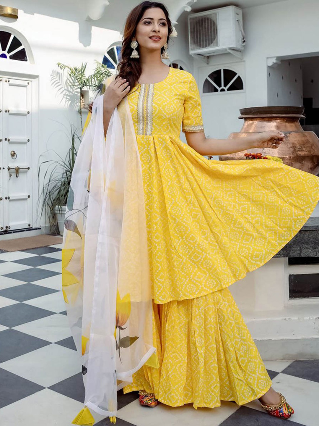 

Lavanya The Label Women Yellow & White Bandhani Printed Kurta with Sharara