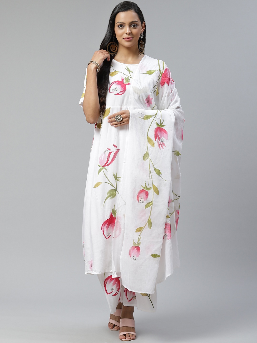 

Lavanya The Label Women White & Pink Hand Painted Kurta with Palazzos & Dupatta