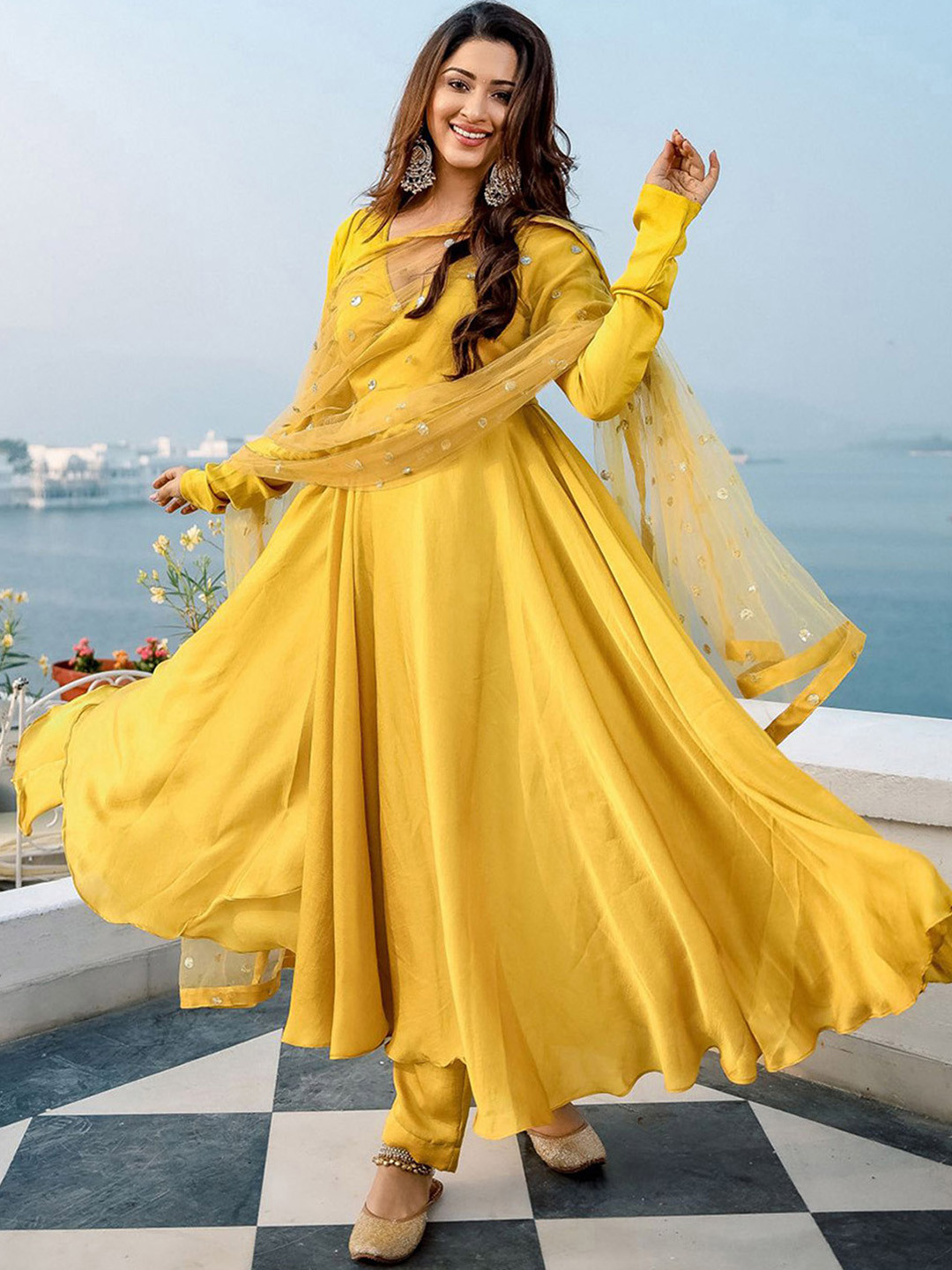 

Lavanya The Label Women Mustard Yellow Solid Wrap Kurta with Trousers & Dupatta
