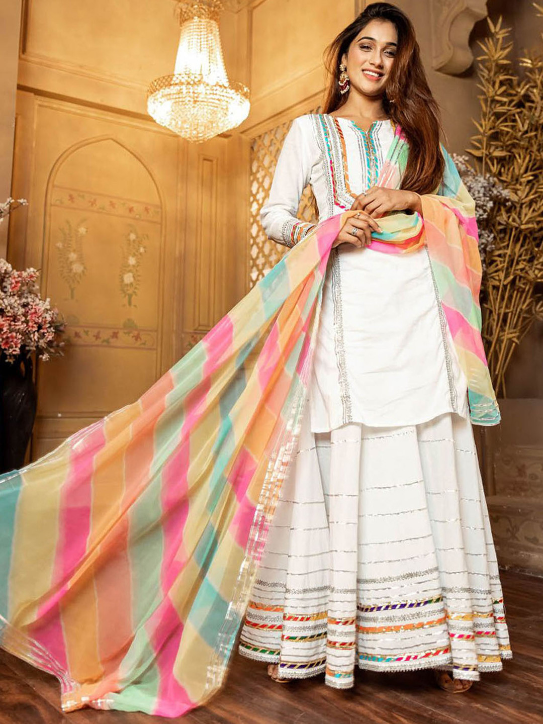 

Lavanya The Label Women White & Pink Yoke Design Kurta with Palazzos & Dupatta