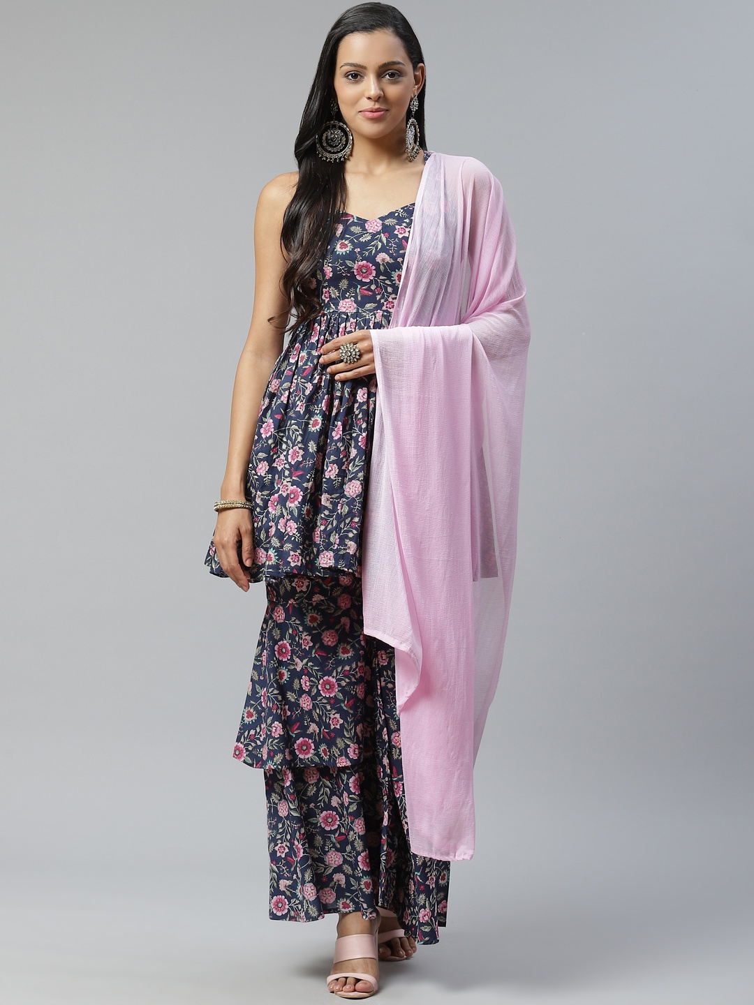 

Lavanya The Label Women Navy Blue & Pink Floral Printed Kurta with Sharara & Dupatta