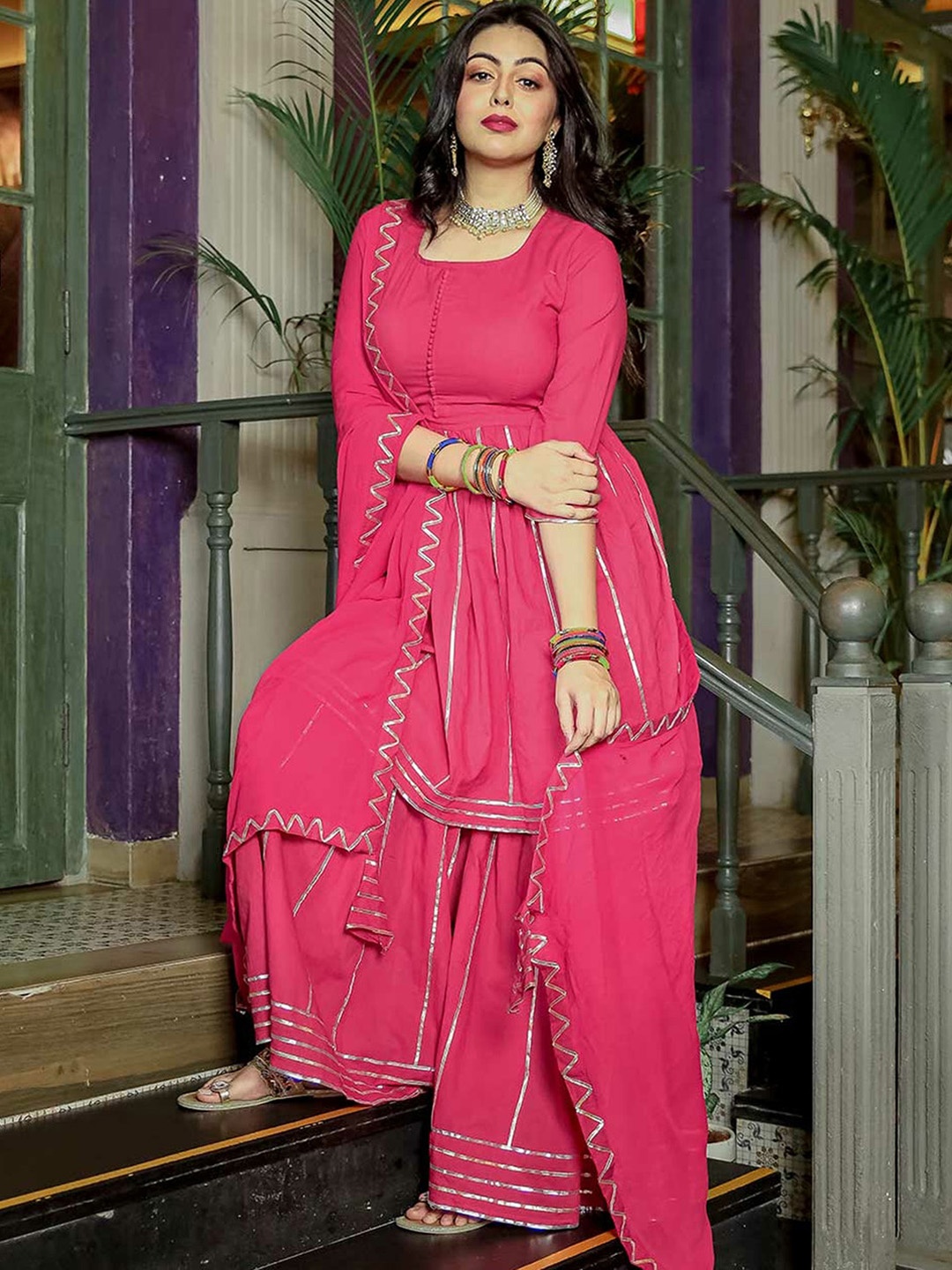 

Lavanya The Label Women Pink Solid Kurta with Sharara & Dupatta