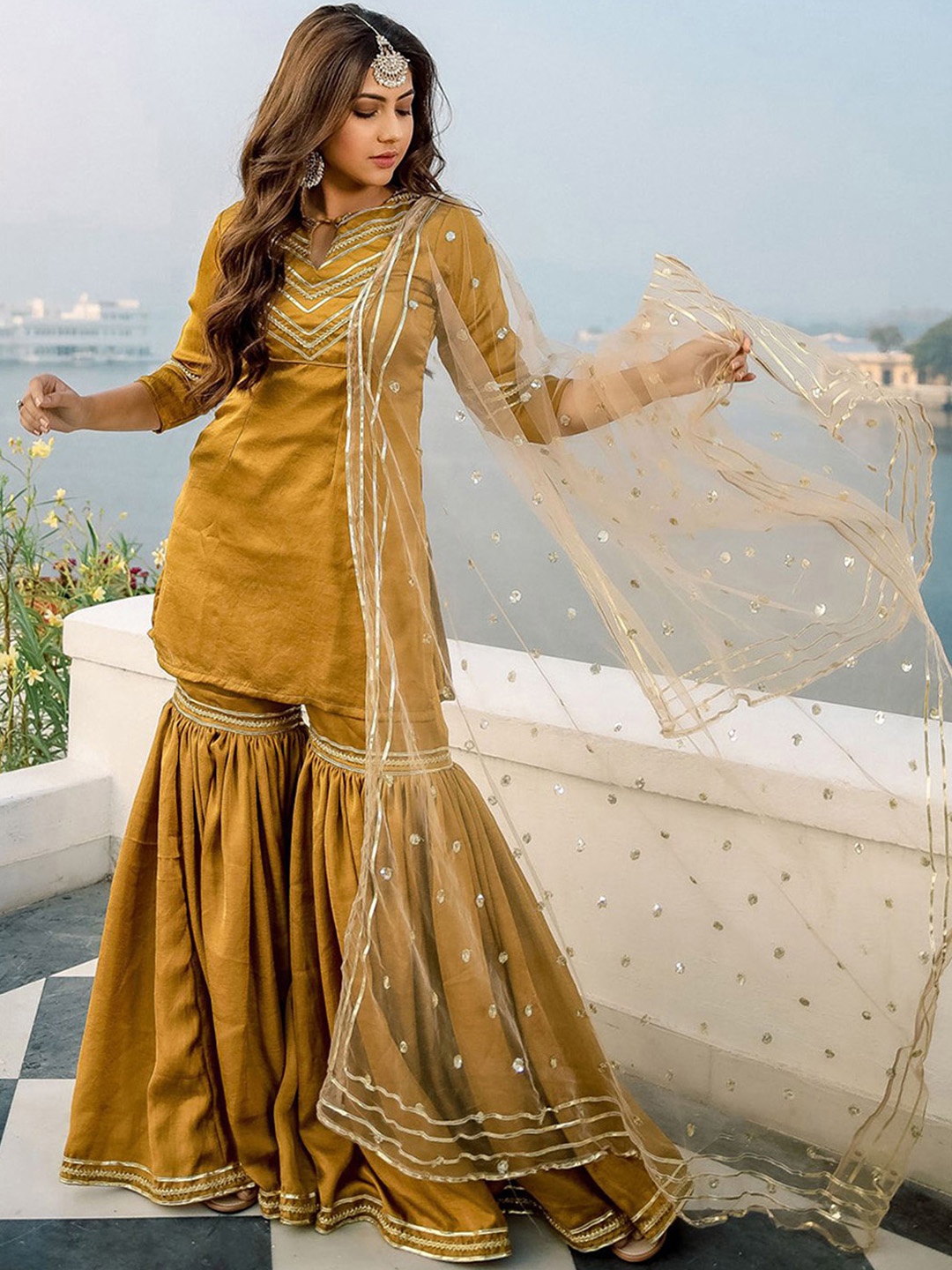 

Lavanya The Label Women Golden Yoke Design Kurta with Sharara & Dupatta, Gold