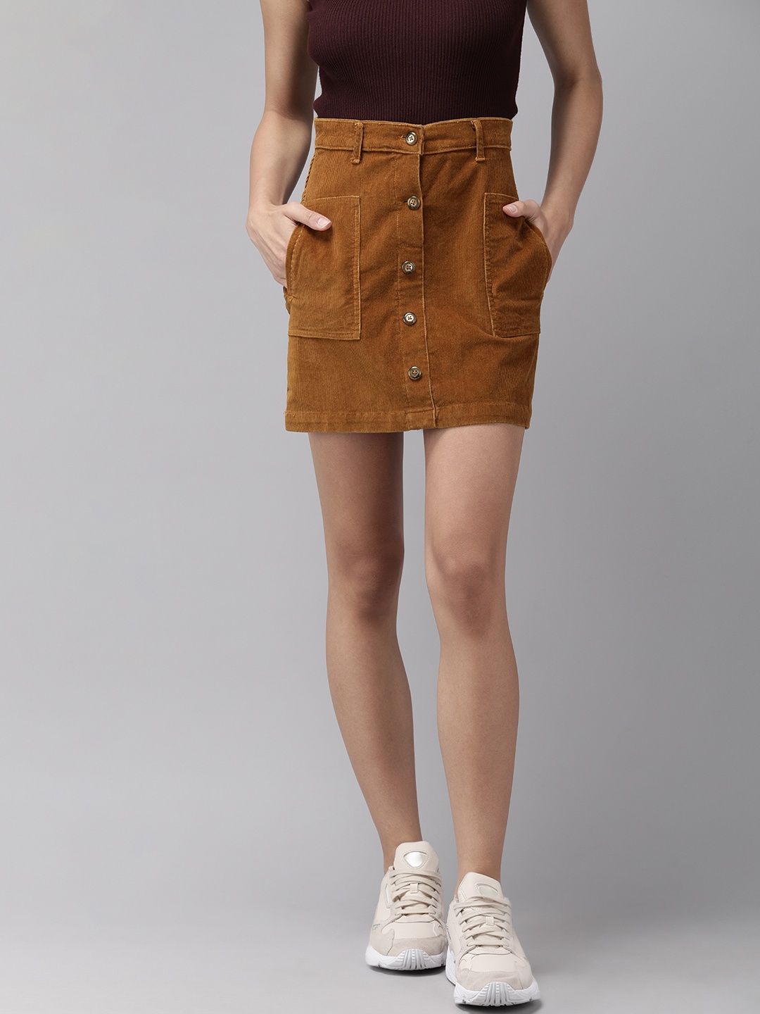 

The Dry State Women Mustard Yellow with a Tinge of Brown Corduroy Straight Skirt