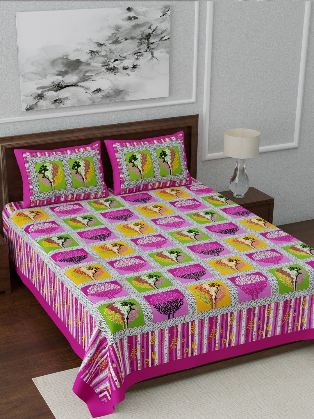 

LIVING ROOTS White & Pink Floral 144 TC Cotton 1 Queen Bedsheet with 2 Pillow Covers