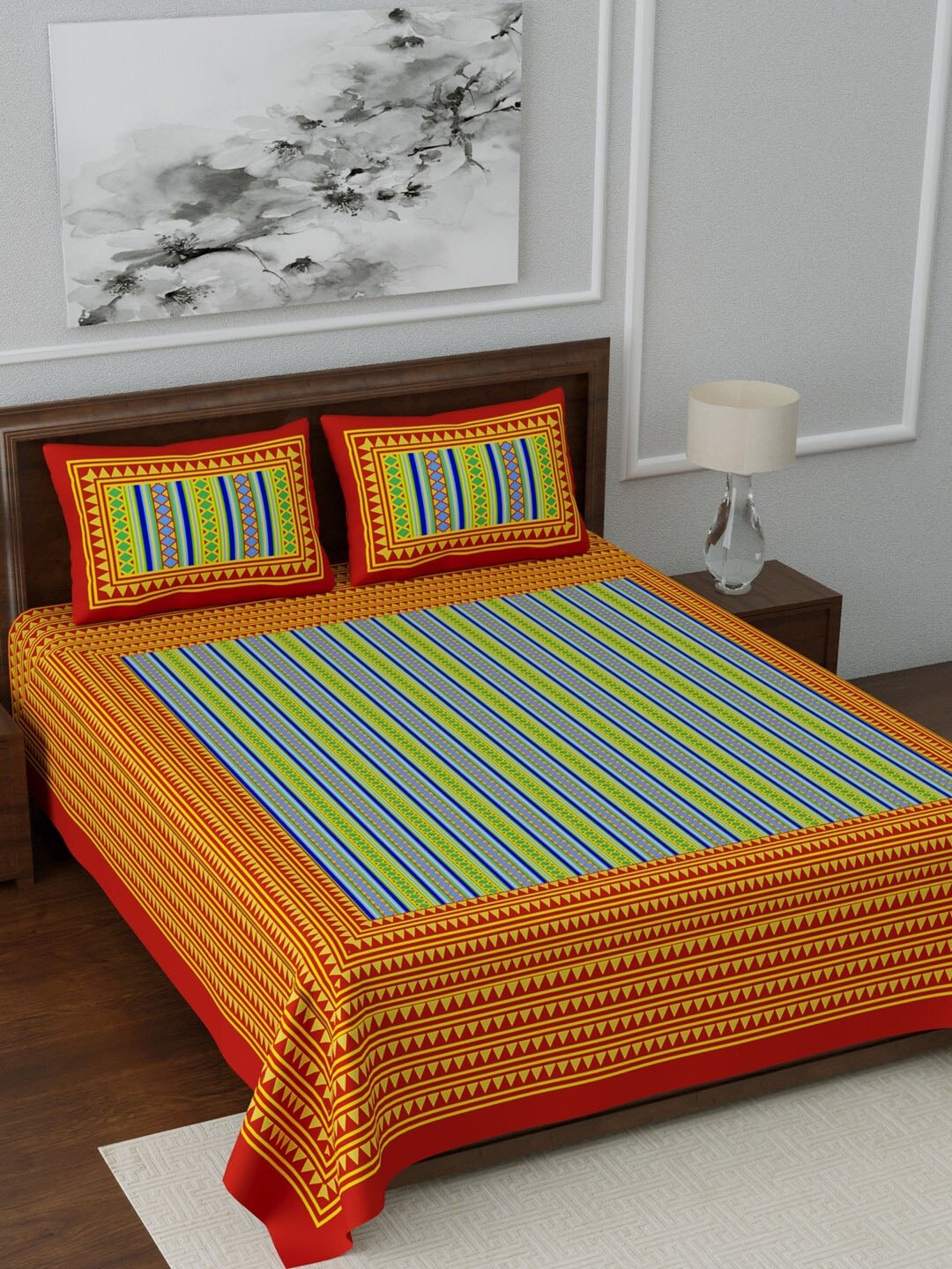 

LIVING ROOTS Blue & Red Ethnic Motifs 144 TC Cotton 1 Queen Bedsheet with 2 Pillow Covers