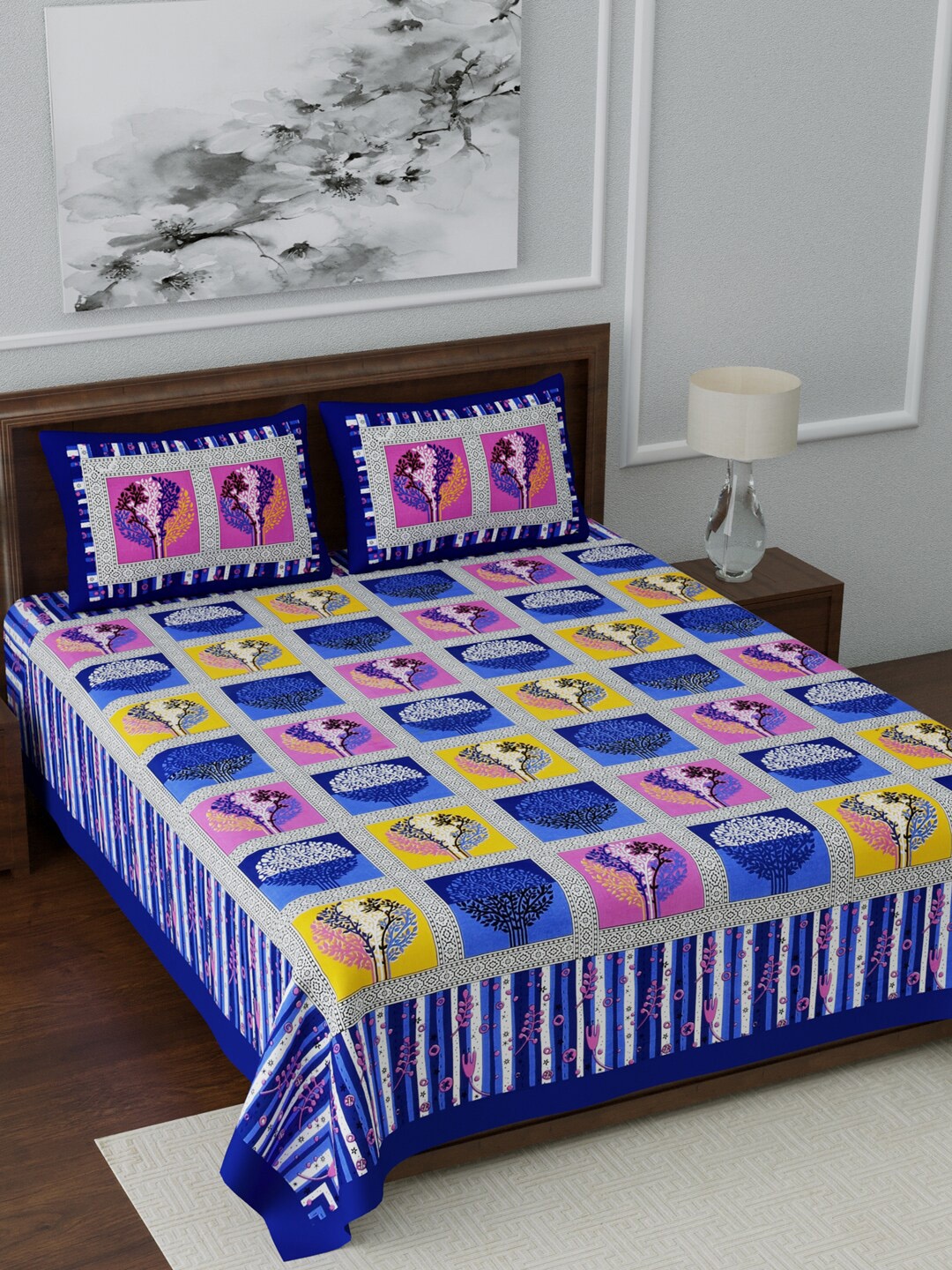

LIVING ROOTS Blue & Yellow Ethnic Motifs 144 TC Cotton 1 Queen Bedsheet with 2 Pillow Covers