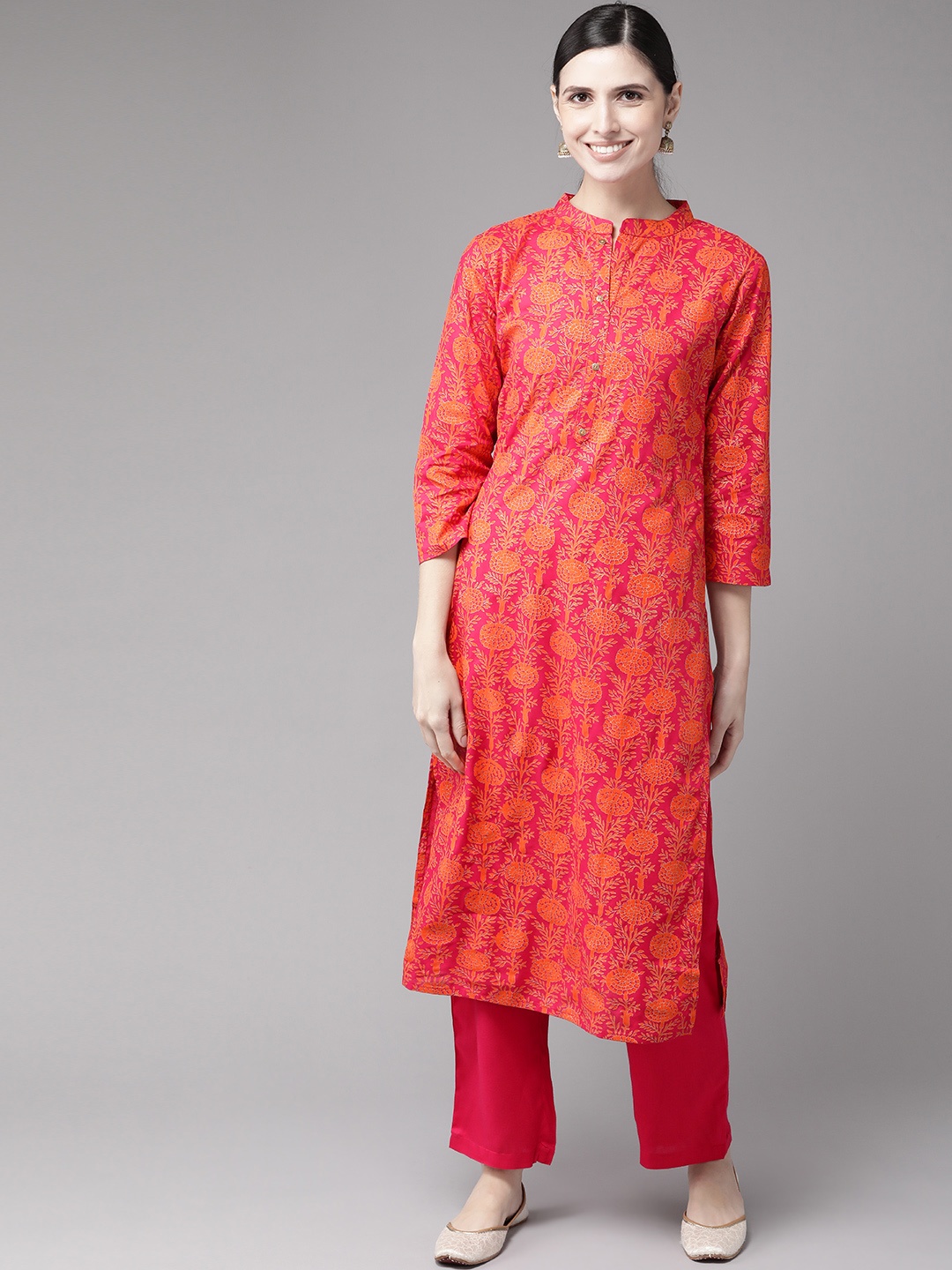 

Yufta Women Pink & Orange Handblock Printed Kurta with Trousers