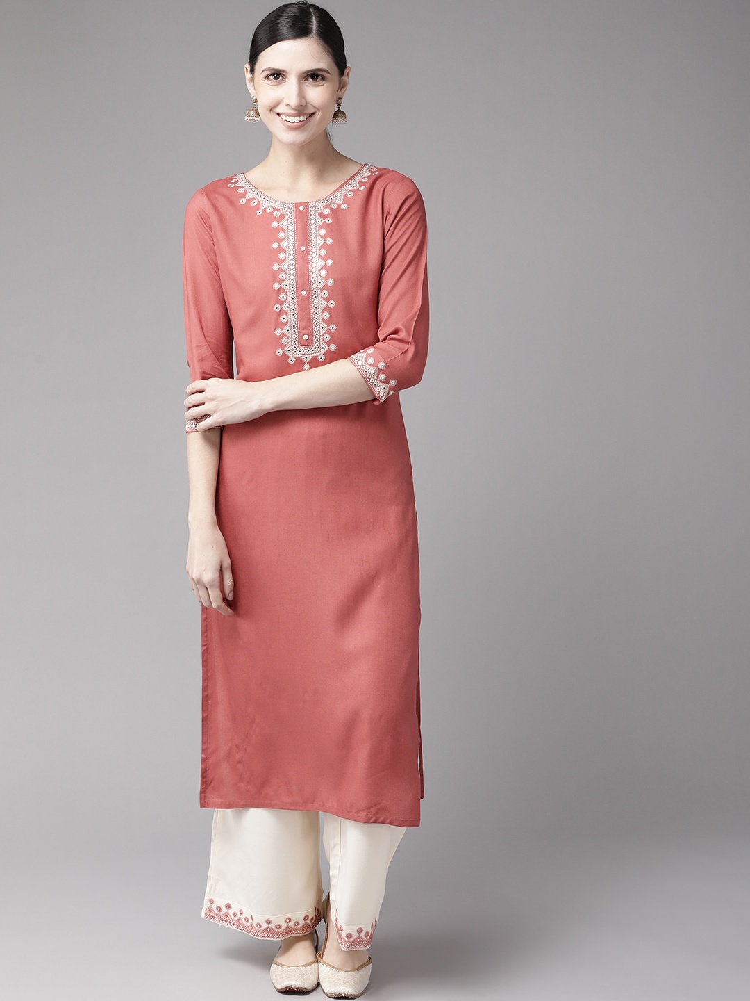 

Yufta Women Rust Red & Off-White Yoke Design Kurta with Palazzos