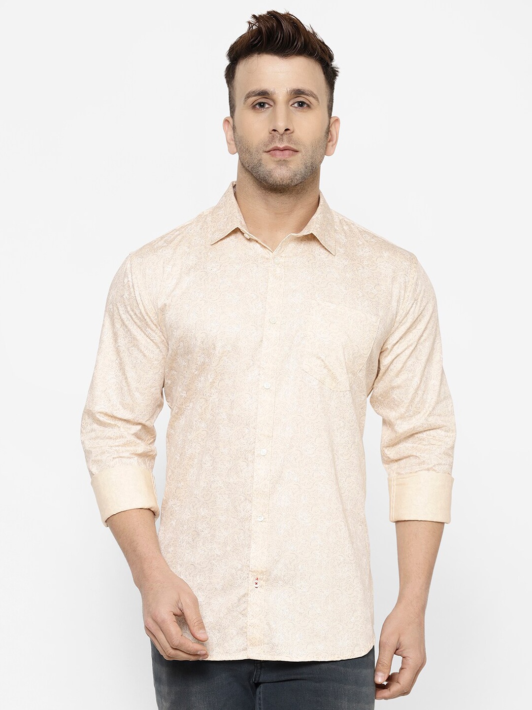 

cape canary Men Beige Regular Fit Self Design Casual Shirt