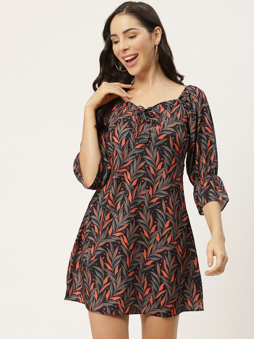 MELOSO Women Black & Coral Orange Printed A-Line Dress