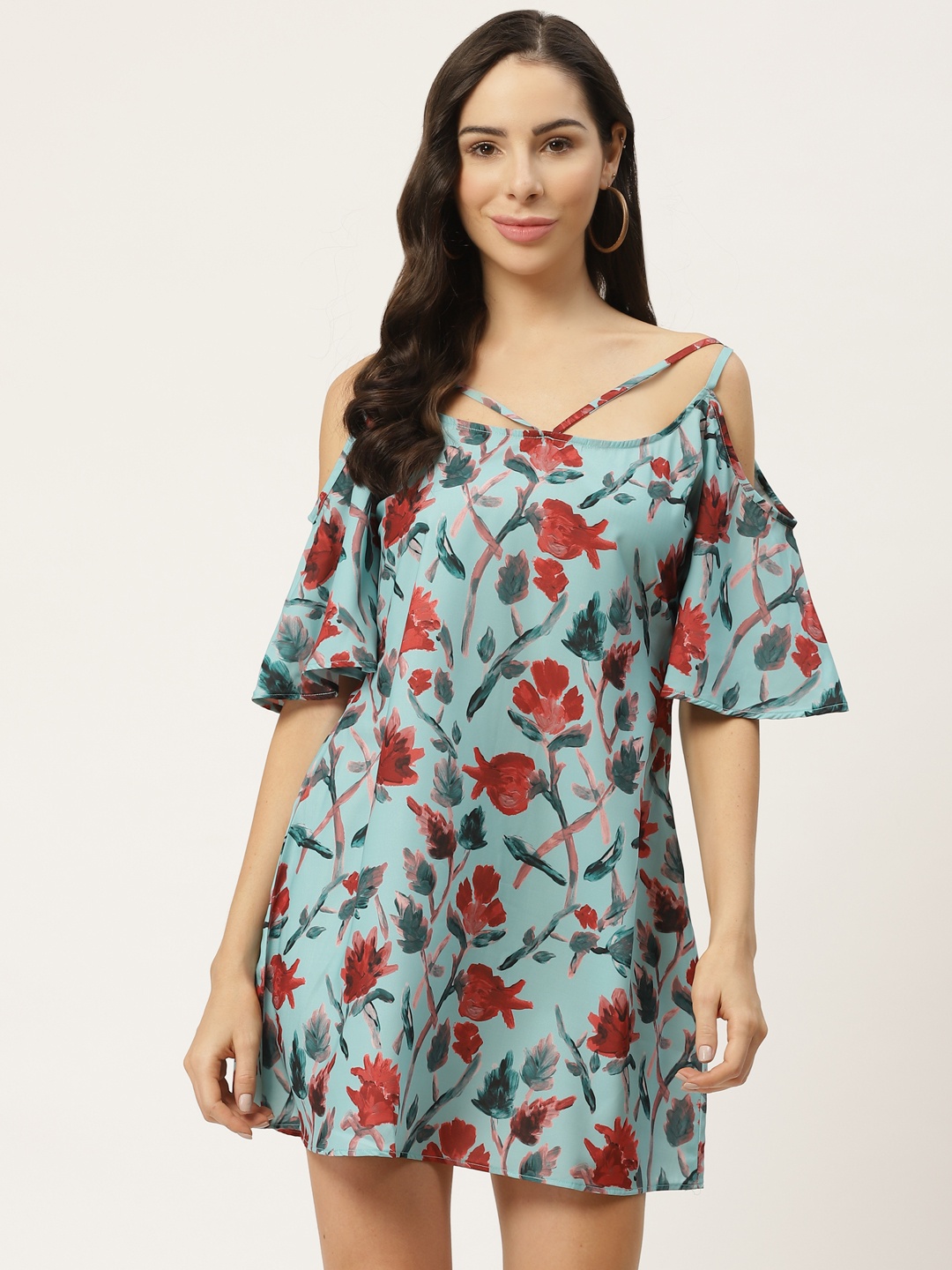 

MELOSO Women Blue Printed Cold Shoulder A-Line Dress