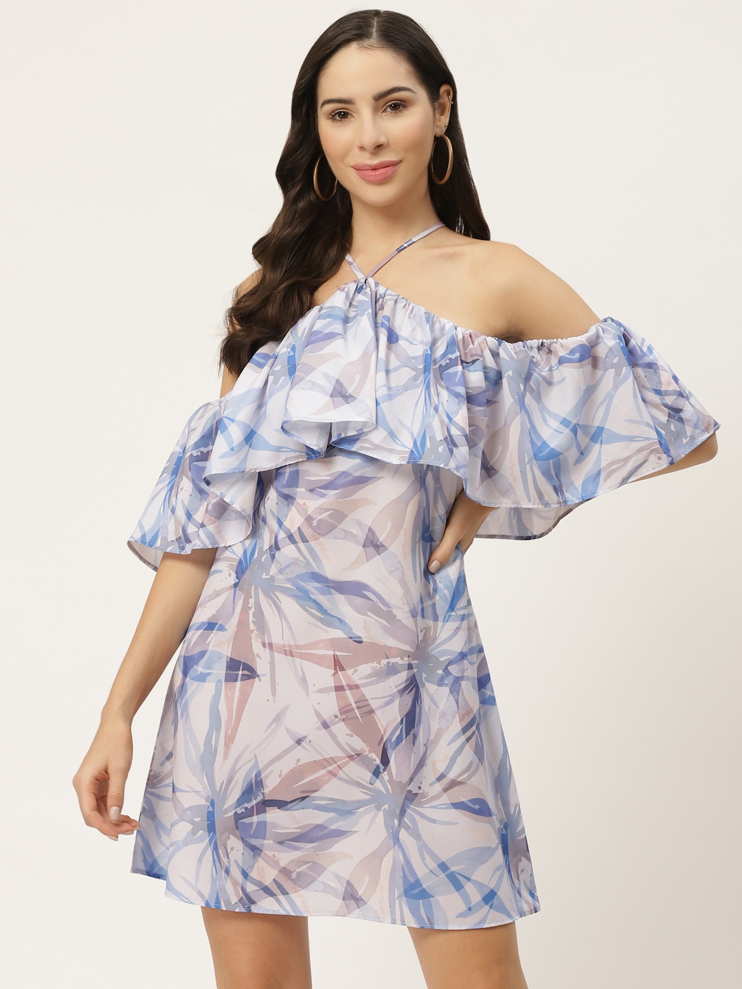 

MELOSO Women White & Blue Printed A-Line Dress