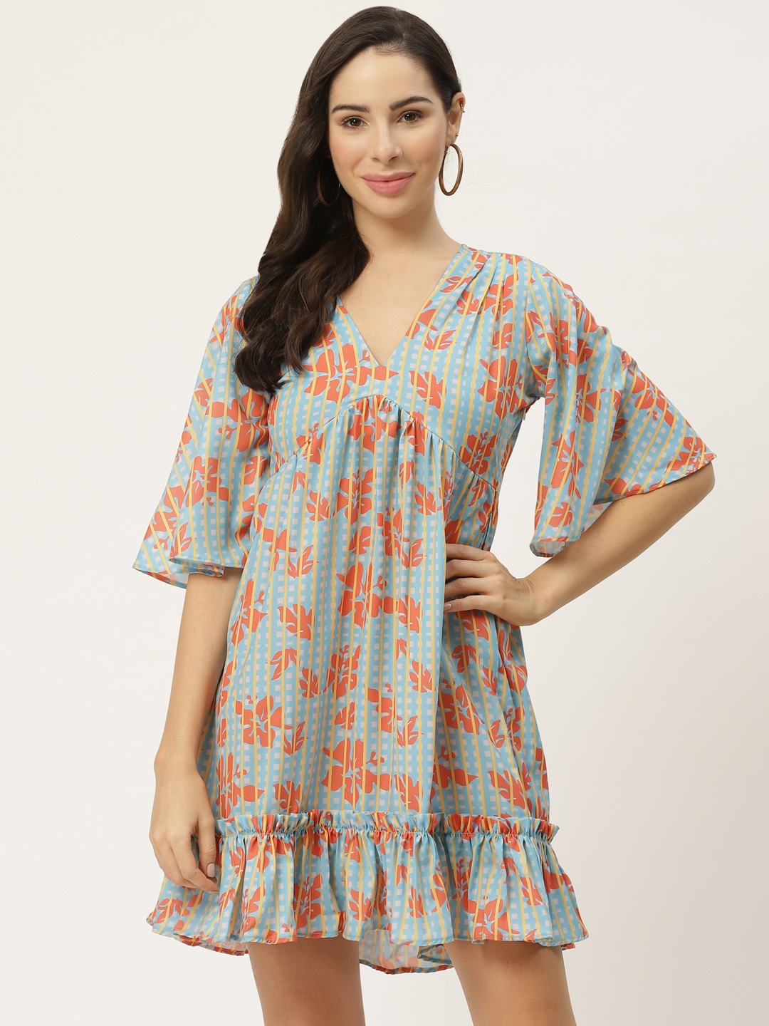 

MELOSO Women Blue & Orange Printed A-Line Dress