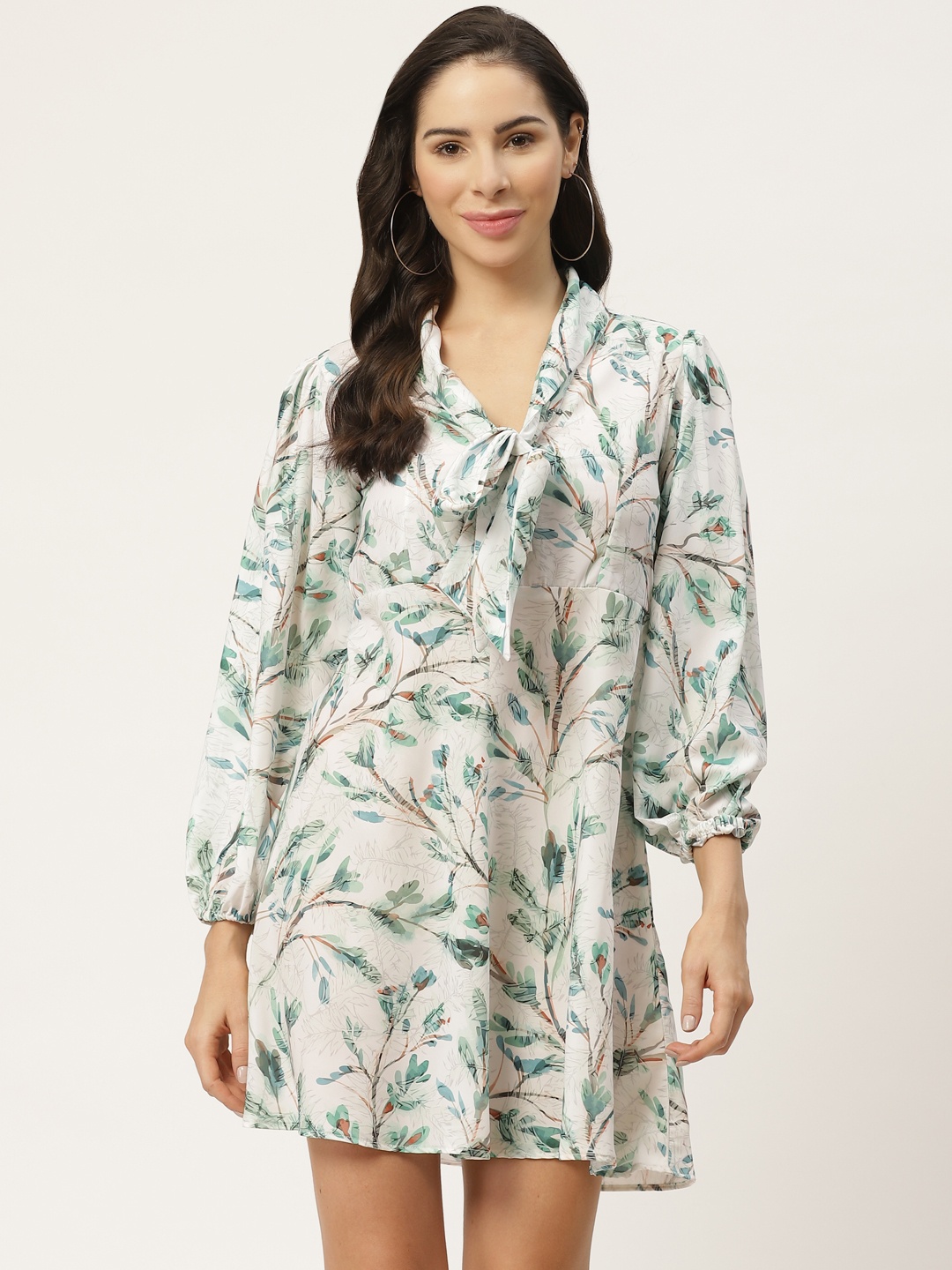 

MELOSO Women Off-White & Green Printed A-Line Dress