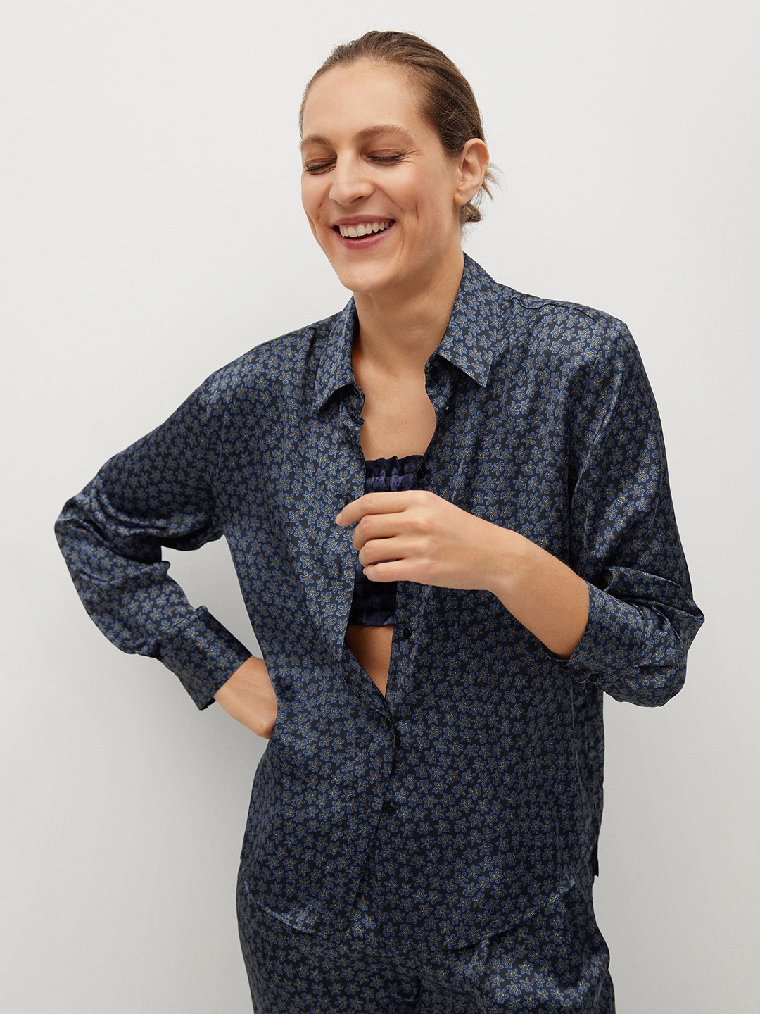 

MANGO Women Navy Blue Regular Fit Printed Casual Shirt