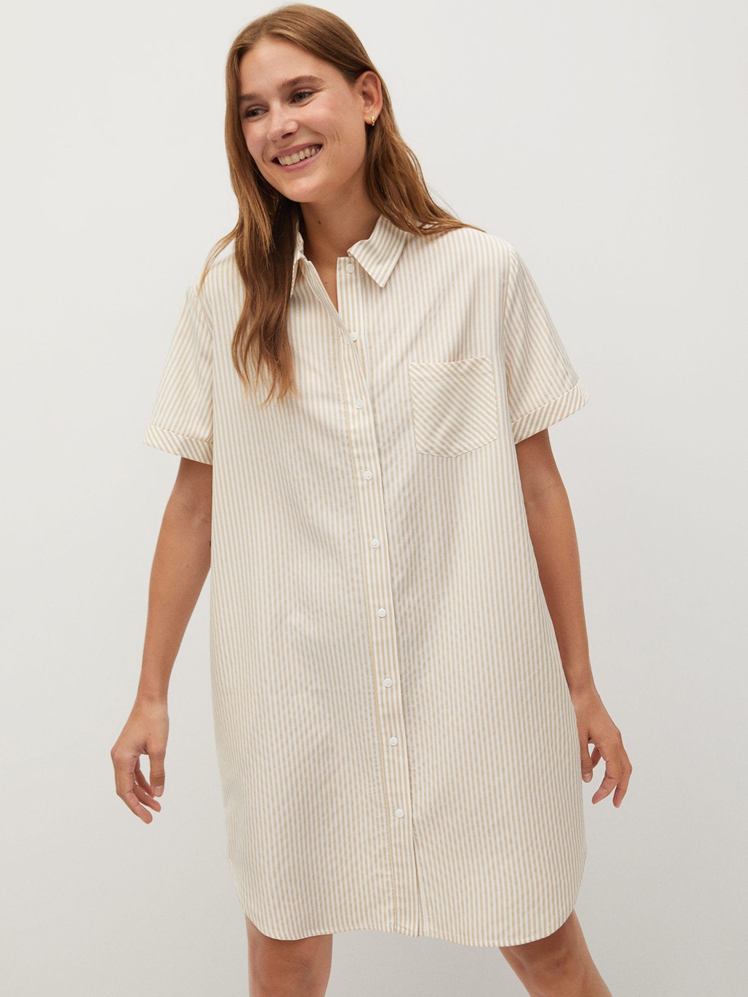 

MANGO Women White & Beige Striped Shirt Dress