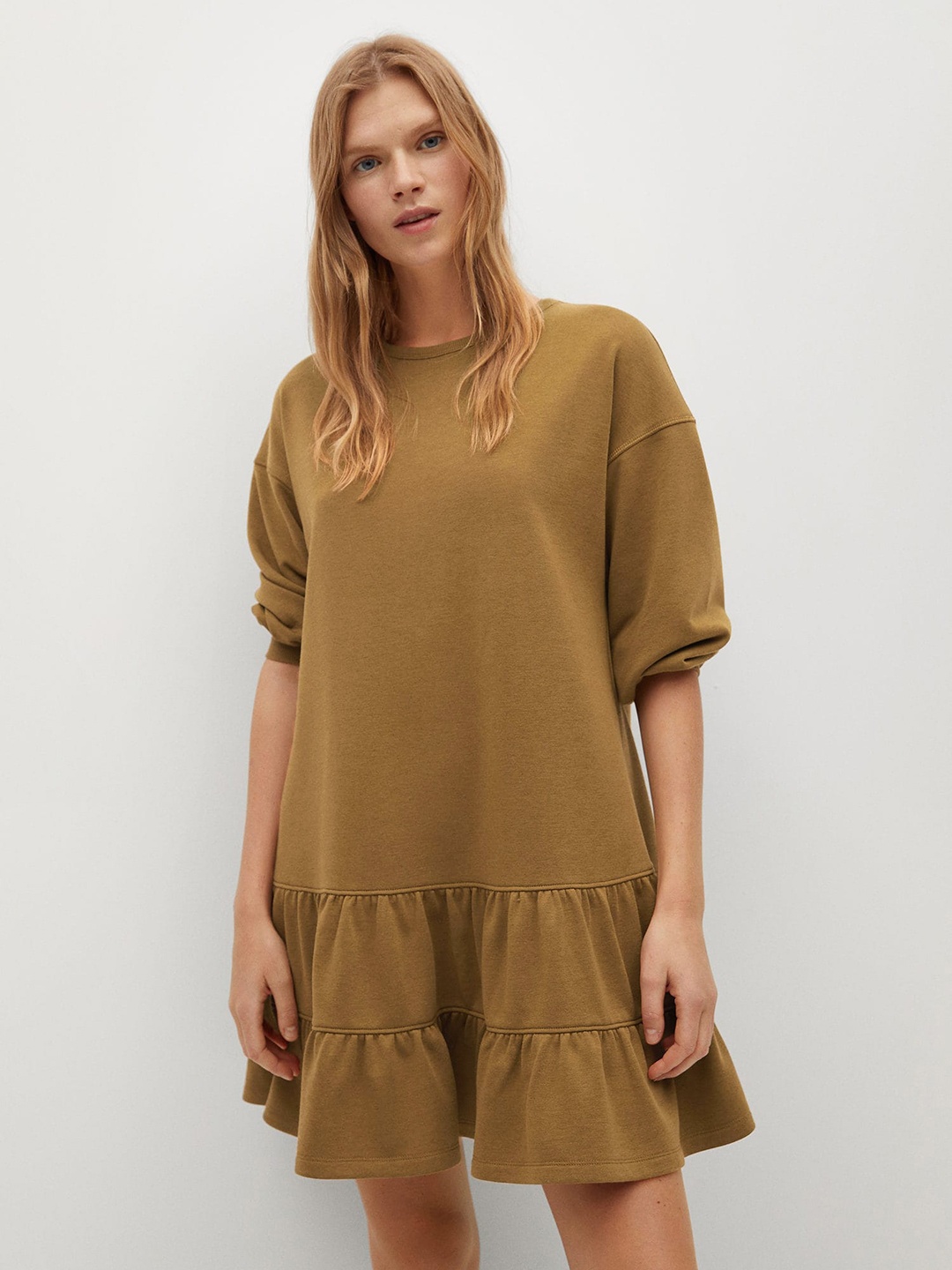 

MANGO Women Recycled Polyester Olive Brown Solid Drop-Waist Dress