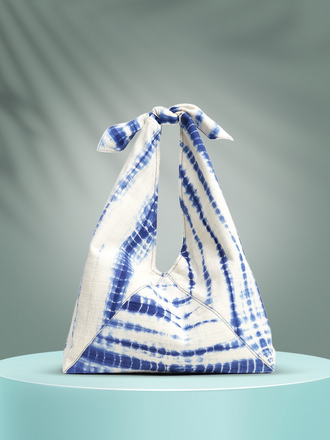 

MANGO Off-White & Navy Blue Dyed Hobo Bag with Bow Detail