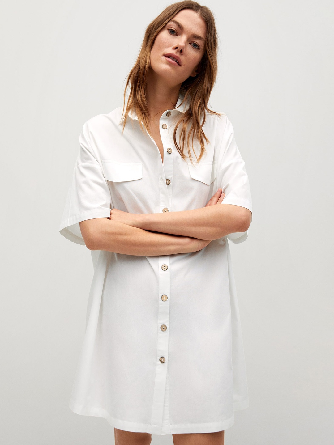 

MANGO Women White Solid Pure Cotton Oversized Shirt Dress