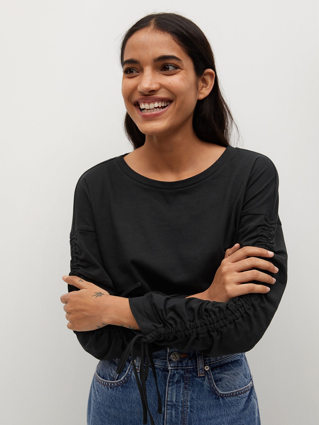 

Mango Black Puff Sleeves Organic Cotton Ruched Sleeves Top