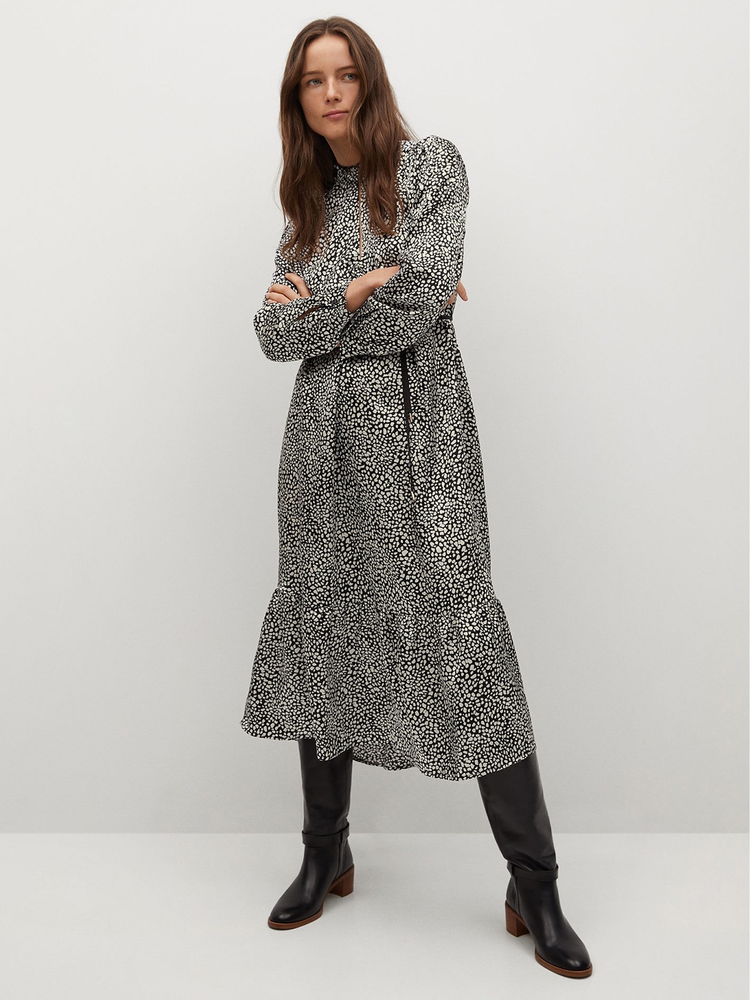 

MANGO Women Black & White Printed A-Line Dress