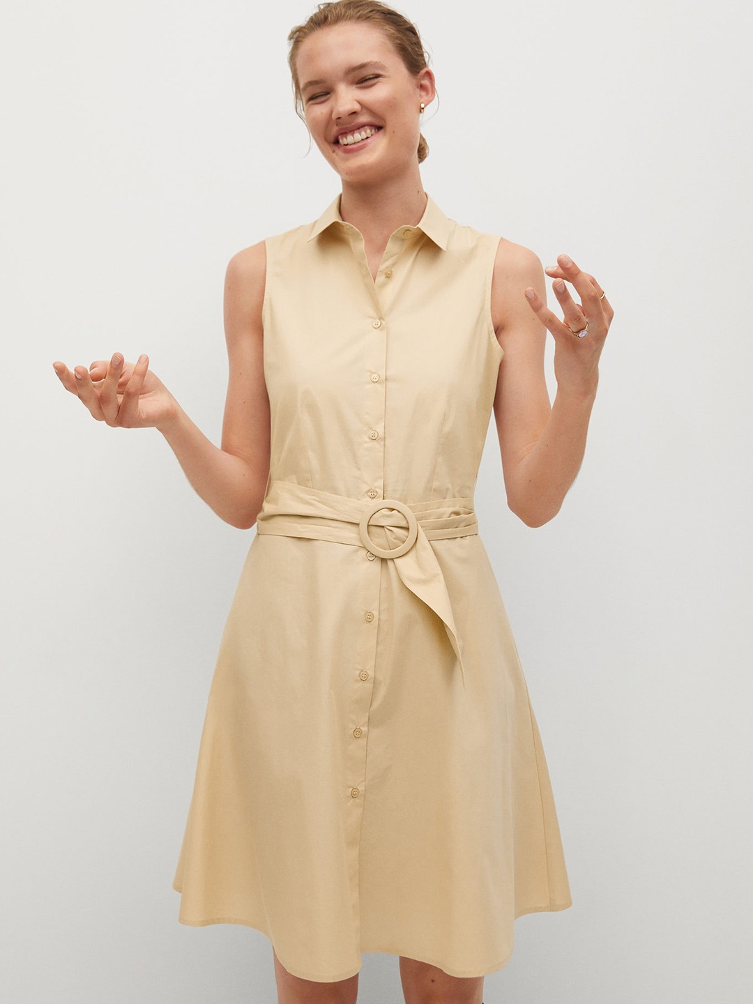 

MANGO Women Beige Solid Shirt Dress