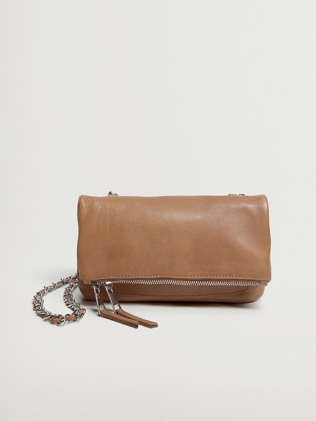 

MANGO Tan Brown Leather Solid Sling Bag