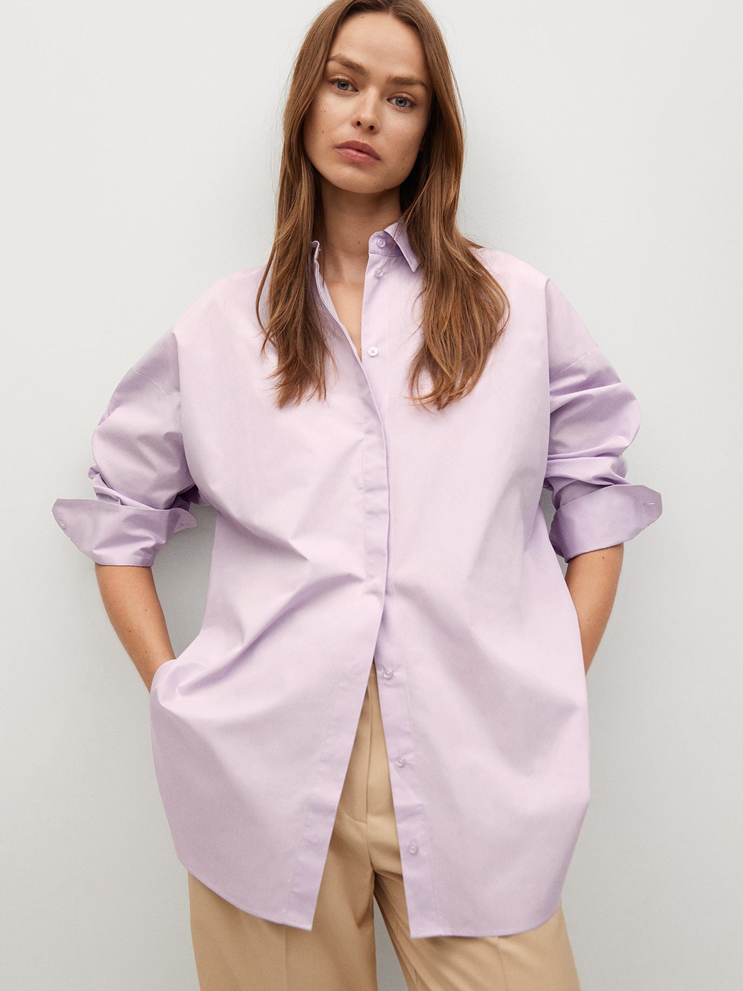 

MANGO Women Lavender Regular Fit Solid Pure Cotton Casual Longline Shirt