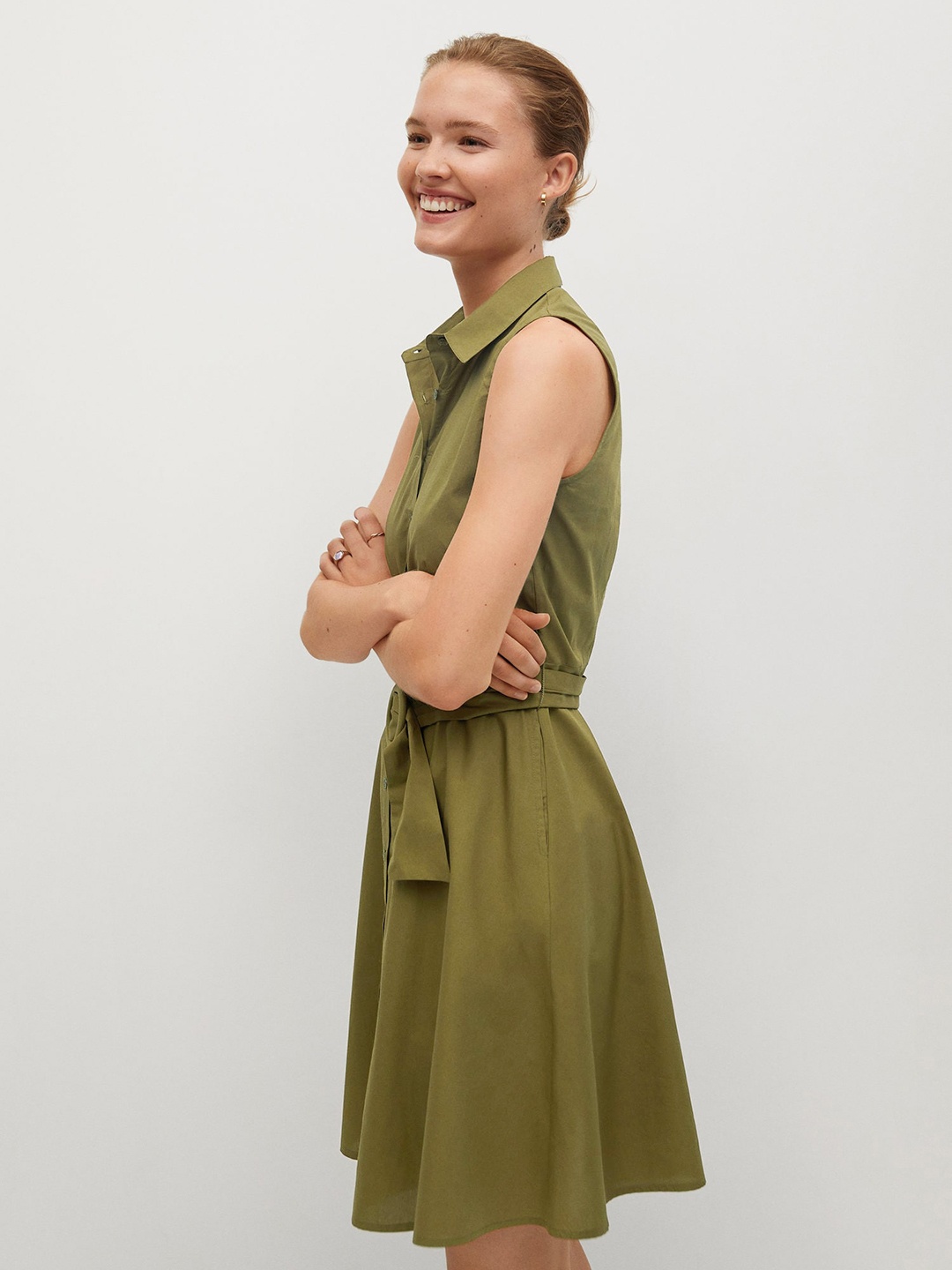 

MANGO Women Olive Green Solid Pure Cotton Shirt Dress With Waist Tie-Ups