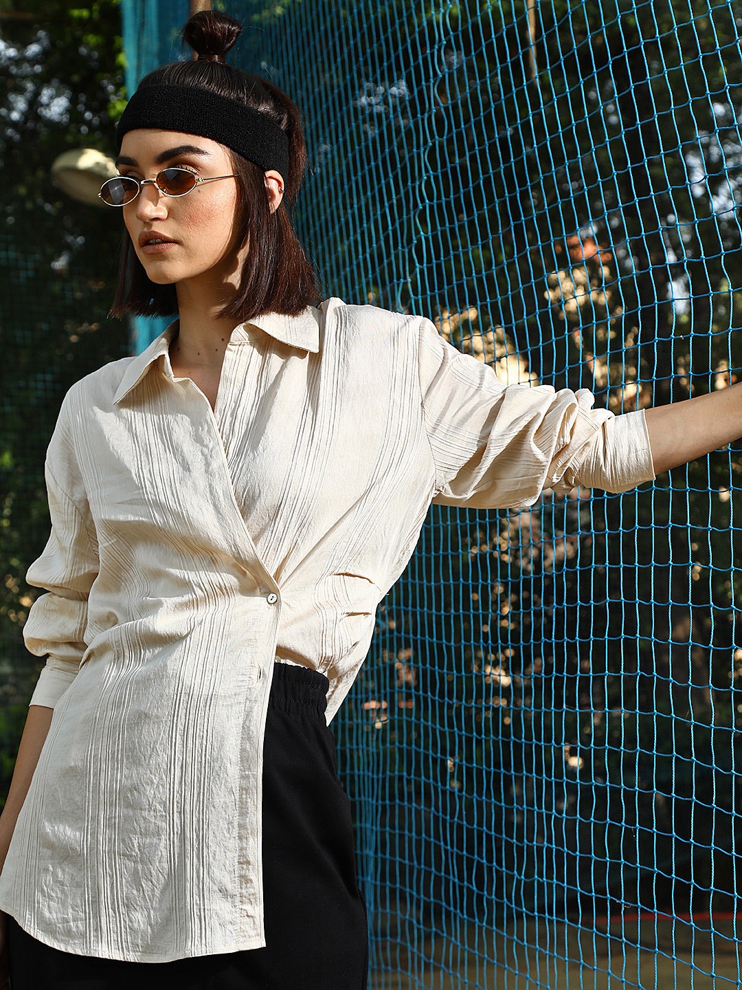 

MANGO Women Beige Self-Striped Casual Shirt
