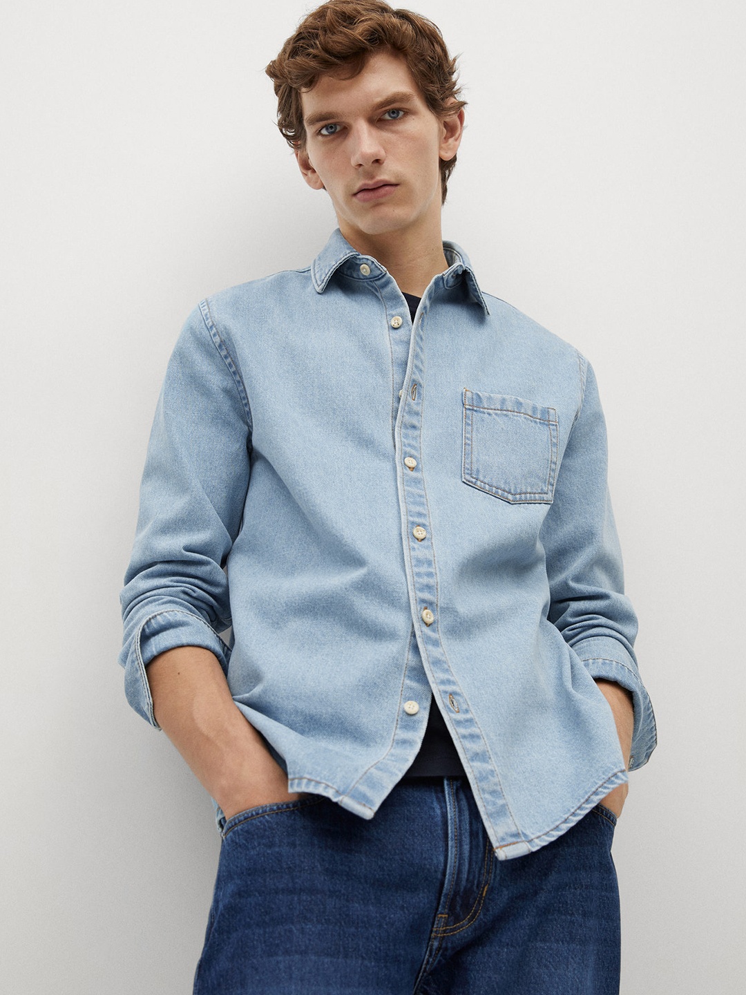 

MANGO MAN Men Blue Regular Fit Solid Pure Cotton Casual Denim Shacket