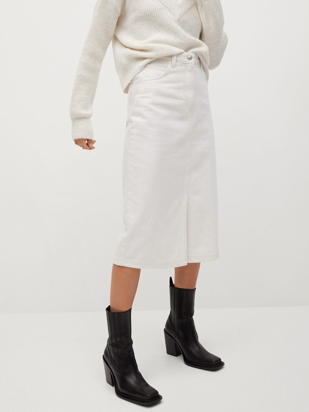 

MANGO Off-White Pure Cotton Denim Front Slit Straight Skirt