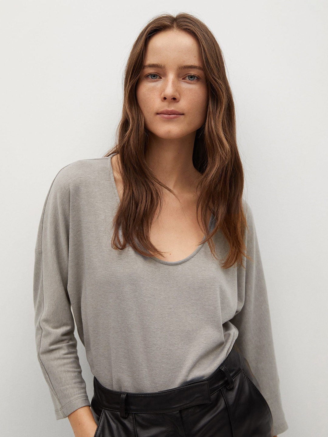 

MANGO Women Grey Solid Scoop Neck T-shirt