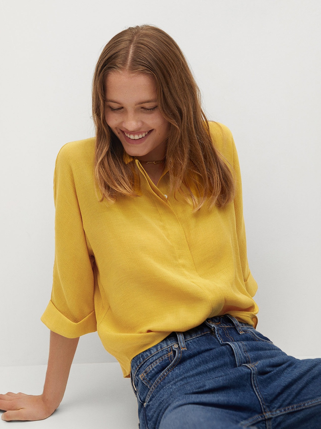 

MANGO Women Mustard Yellow Solid Casual Shirt