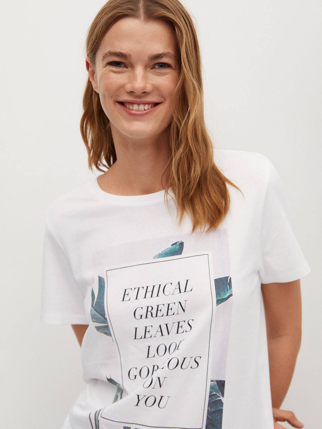 

MANGO Women White Organic Cotton Printed Round Neck T-shirt