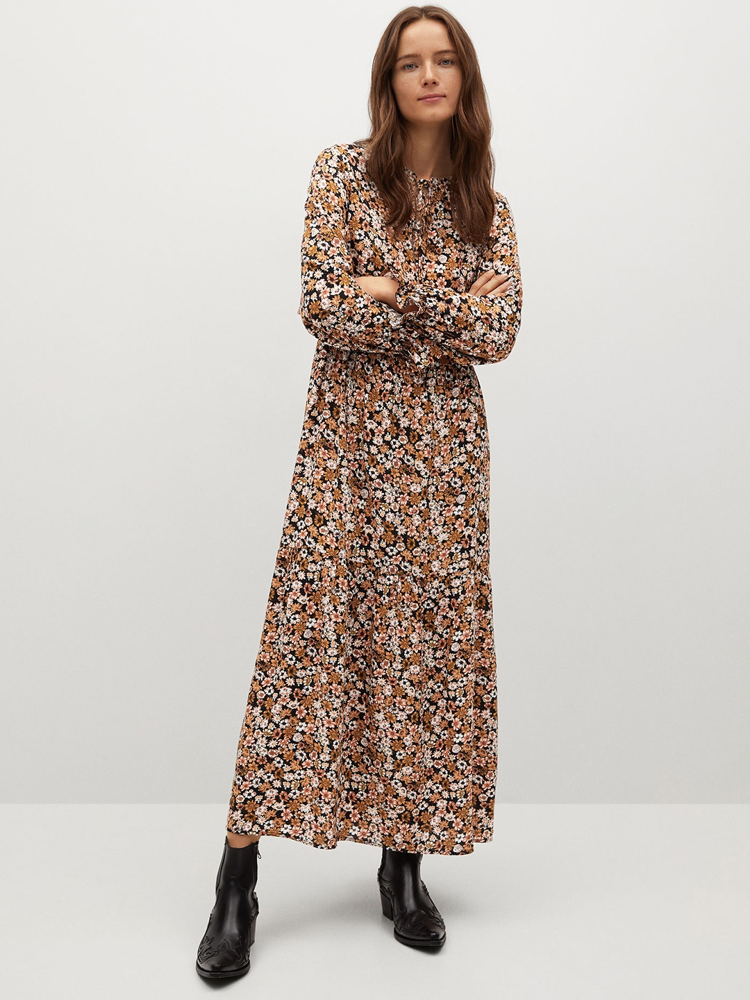

MANGO Women White & Brown Ditsy Floral Printed Maxi Dress With Tie-Up Neck