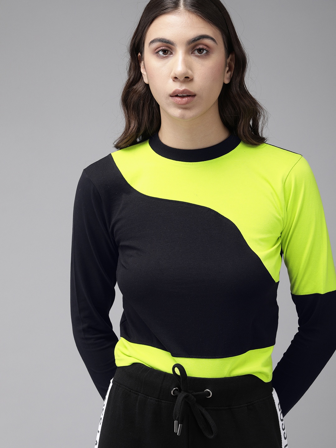 

The Dry State Women Fluorescent Green Black Colourblocked Round Neck Pure Cotton T-shirt