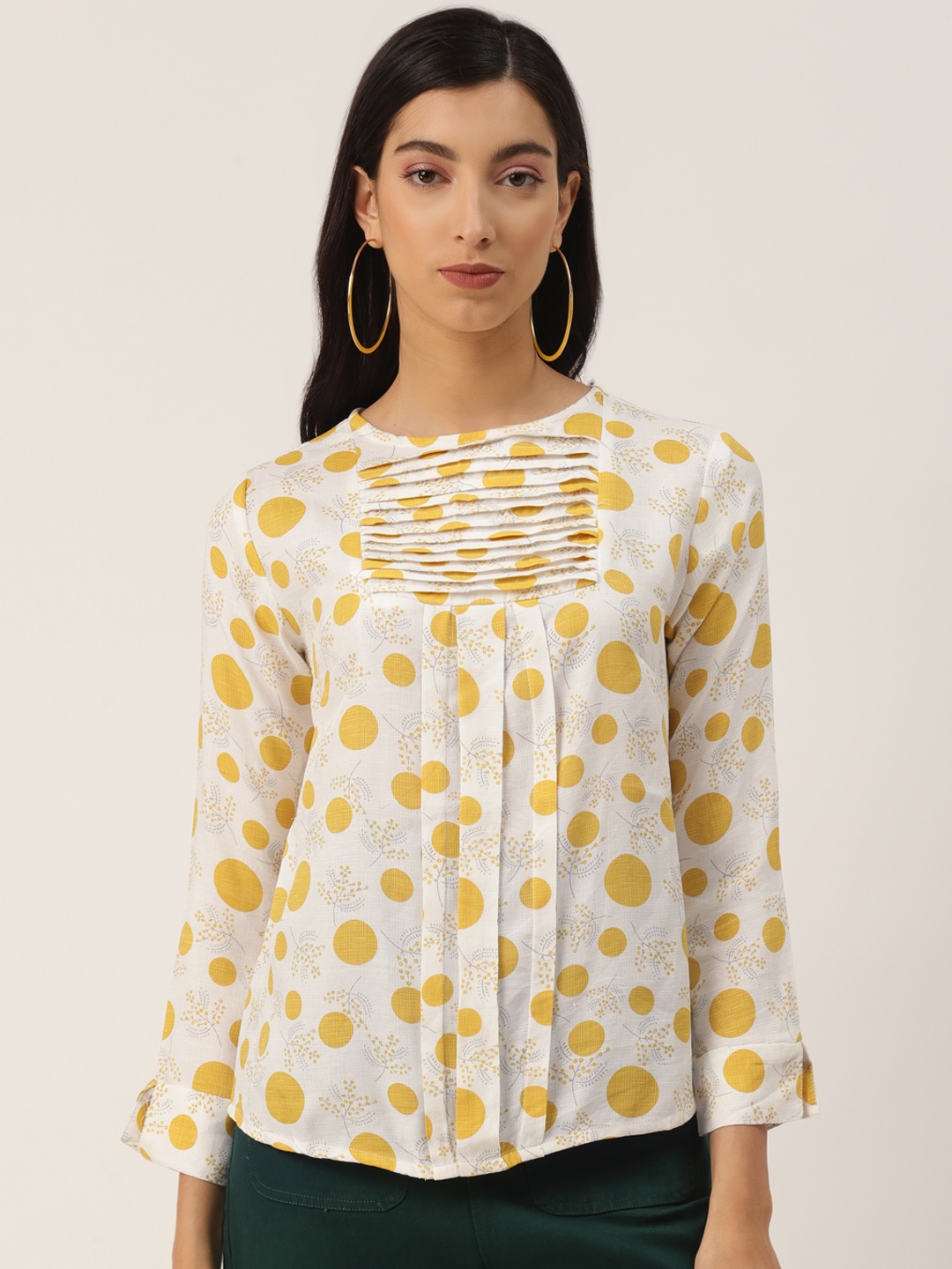 

LABEL REGALIA White & Yellow Geometric Printed Regular Top