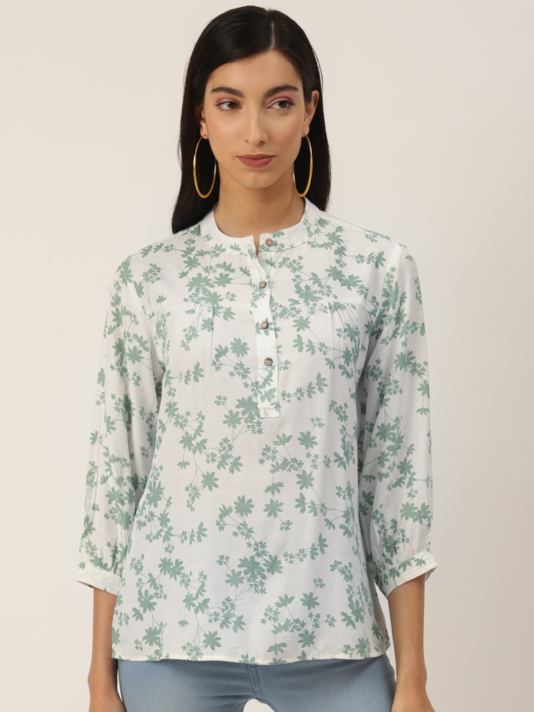 

LABEL REGALIA White & Green Floral Printed Mandarin Collar Puff Sleeves Regular Top