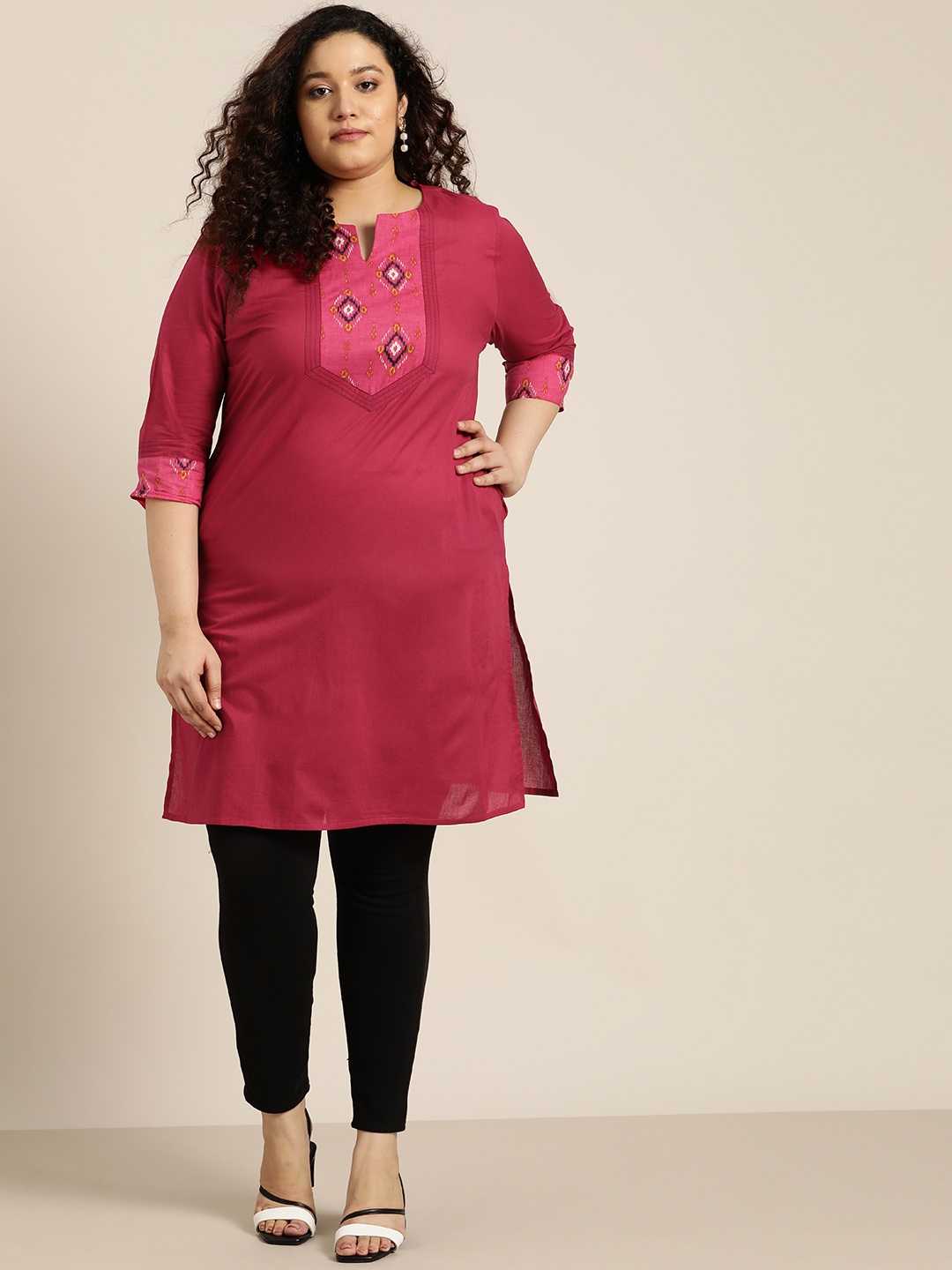 

Sztori Plus Size Women Pink Ethnic Motifs Yoke Design Thread Work Kurta