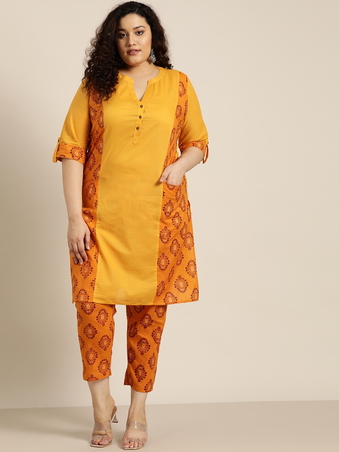 

Sztori Women Plus Size Mustard Yellow & Orange Ethnic Motifs Printed Kurta