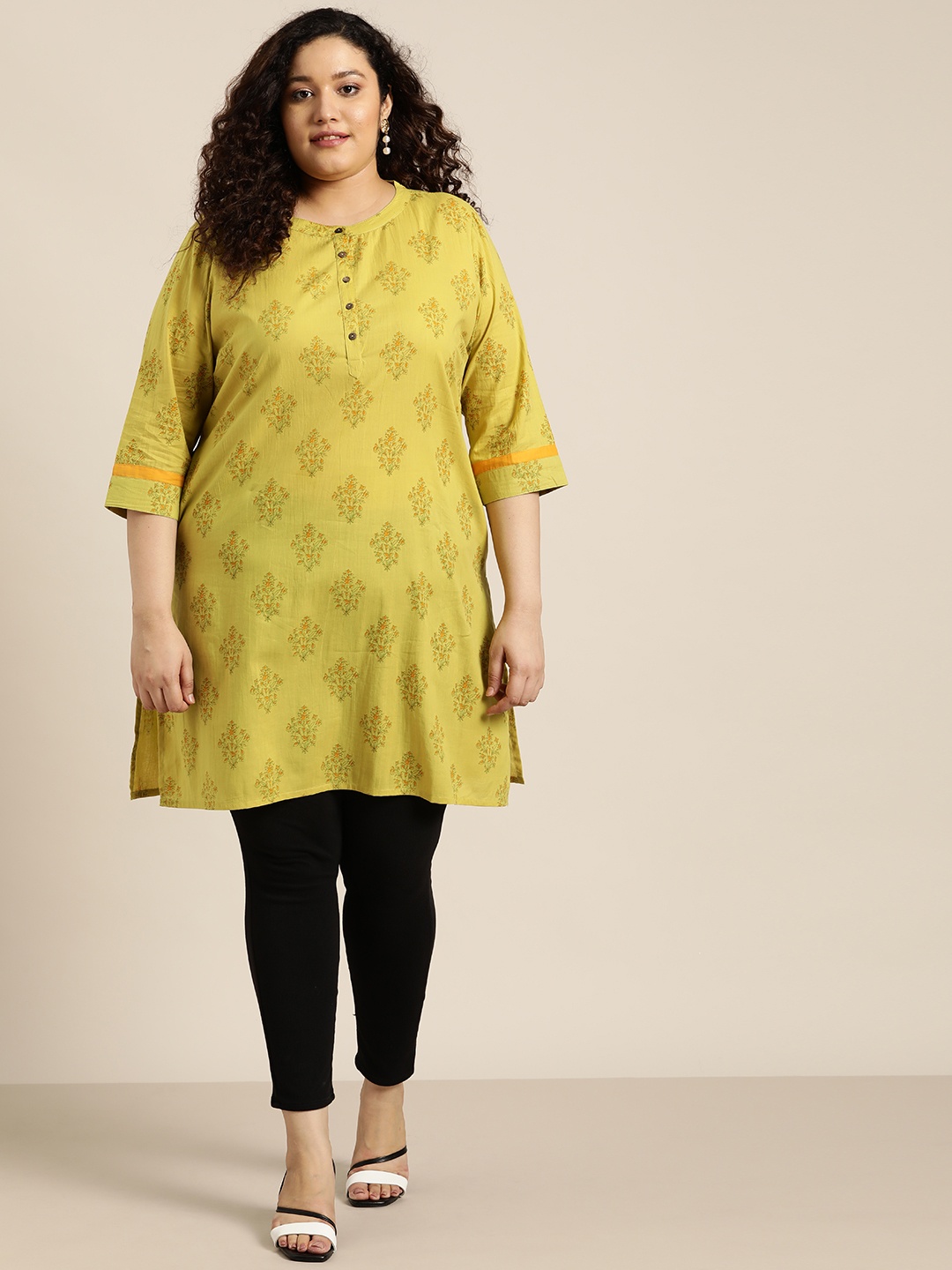 

Sztori Plus Size Women Green & Orange Ethnic Motifs Printed Kurta