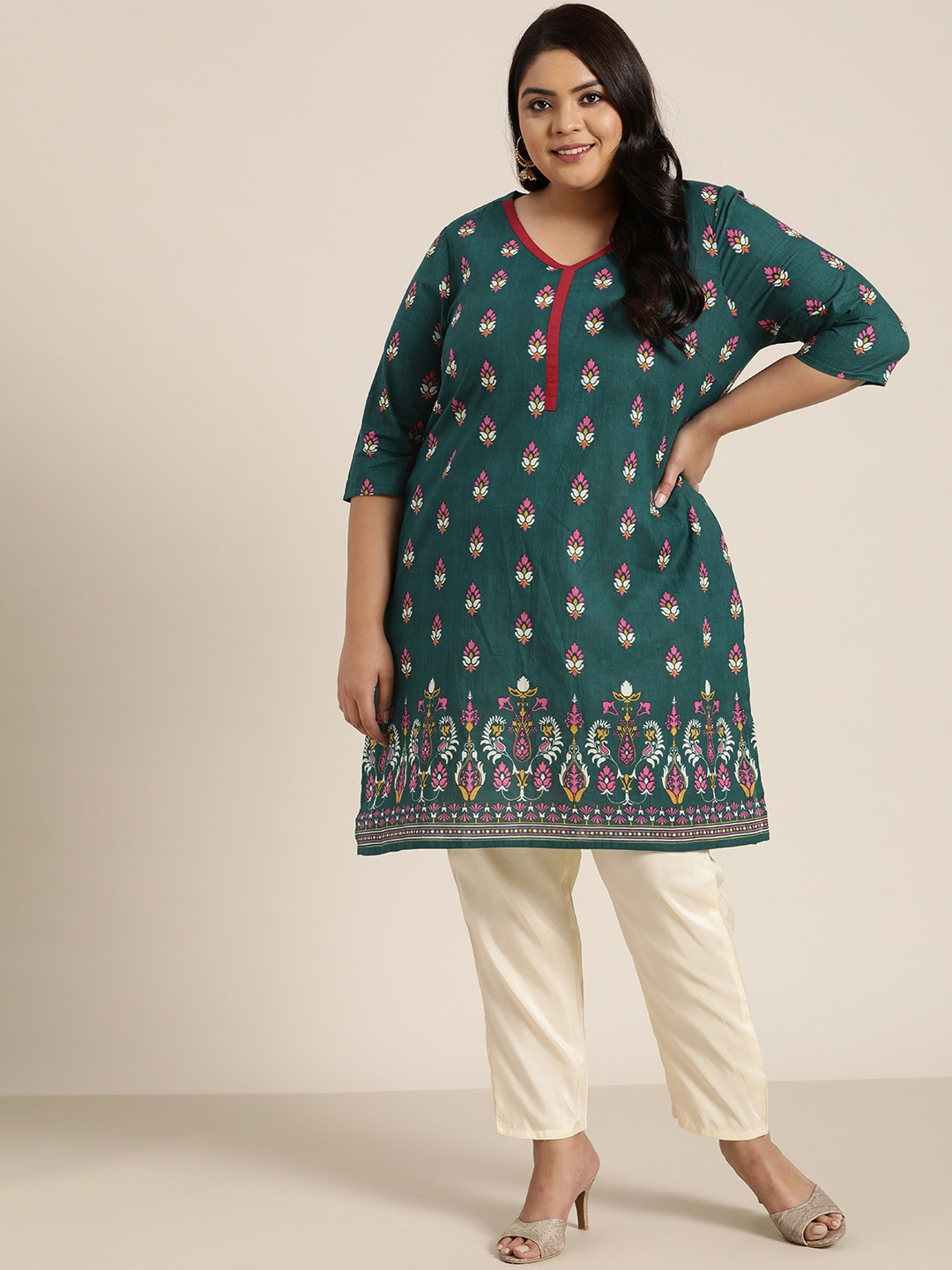 

Sztori Women Plus Size Green & Pink Pure Cotton Ethnic Motifs Printed Kurta